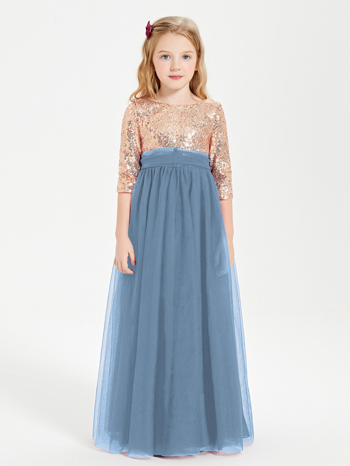 Sparkling Sequined Junior Bridesmaids Gown Slate Blue